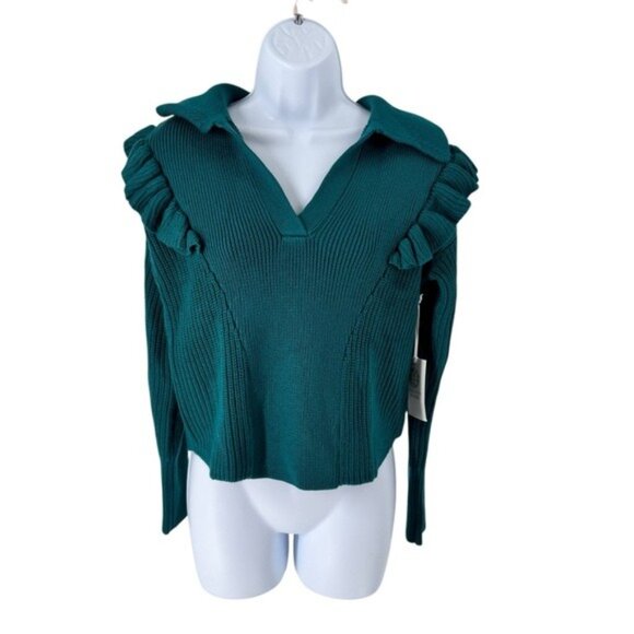 Tuckernuck NEW Hyacinth House Teal Ruffle Casey Collared V-Neck Sweater Size M - Picture 2 of 8